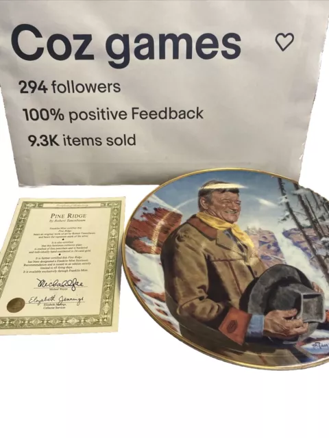 Franklin Mint John Wayne Plate Pine Ridge Fine Porcelain & Certificate