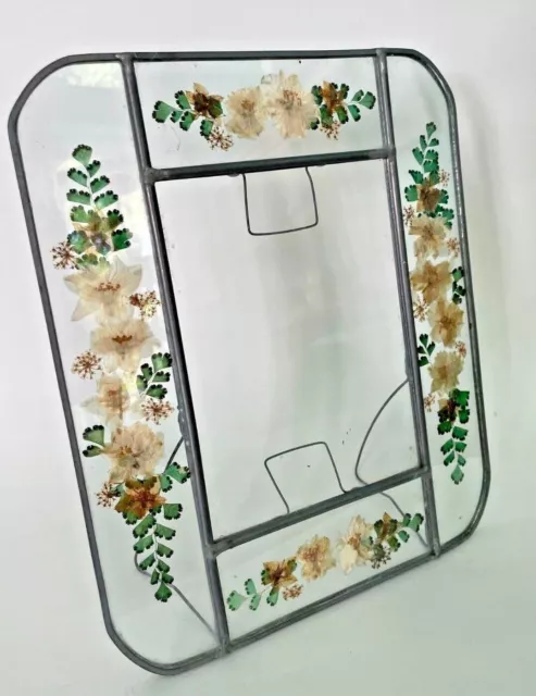 Vintage Glass Photo Frame With Dried Pressed Flowers Leaded w/Easel