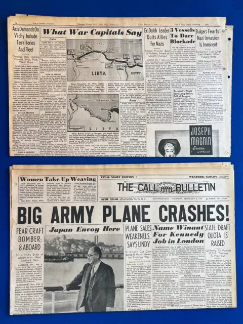 Lot of 2 WW2 WWII Newspapers February 6 & 7 1941 BENGASI LIBYA FALLS TO BRITISH!