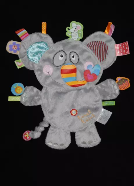 Peluche doudou plat éléphant gris  LABEL LABEL  étiquettes autours couleurs TTBE