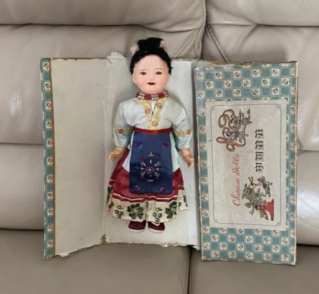 Antique Chinese Bisque Doll Dressed Silk Clothes Hand Painted 1930s Embroidered