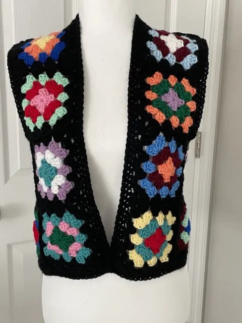 New Handmade Crochet Granny Square Sweater Vest Multicolor Black Knit Waistcoat