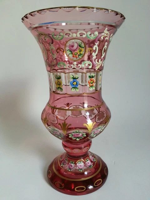 RARE VASE MEDICIS XIXe CRISTAL BOHEME MOSER OVERLAY rose CRANBERRY décor émaillé