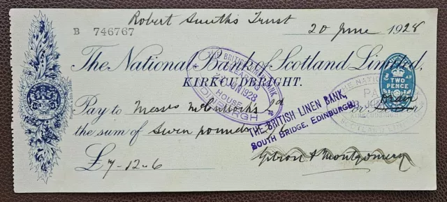 1928 The National Bank of Scotland, Kirkcudbright Branch Cheque