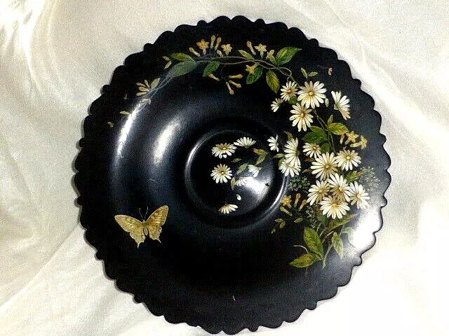 Antique Victorian Hand Painted Floral Lacquered Papier Mache Display Dish c1870