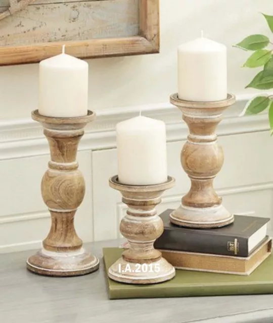 Natural white wash finish Candle Holders With upper and lower round ring design