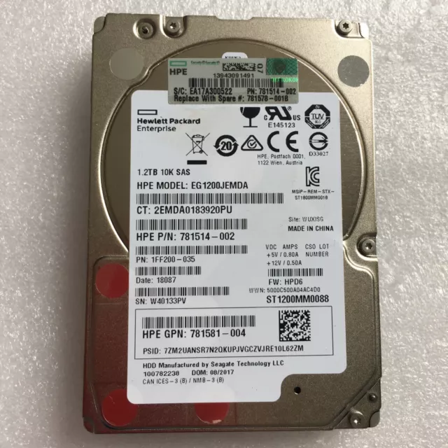 EG1200JEMDA REF HPE 1.2TB SAS 12G 10K SFF SC DS HDD G8 G9 gen9 gen10