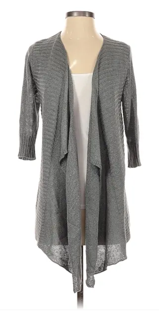Eileen Fisher Size Petite Small PS Silk Linen Open Front Cardigan Gray Rib Knit