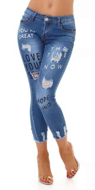 Jeans Donna Skinny Jeans 7/8 Jeans Push-Up Used Look con Lettering Stampa