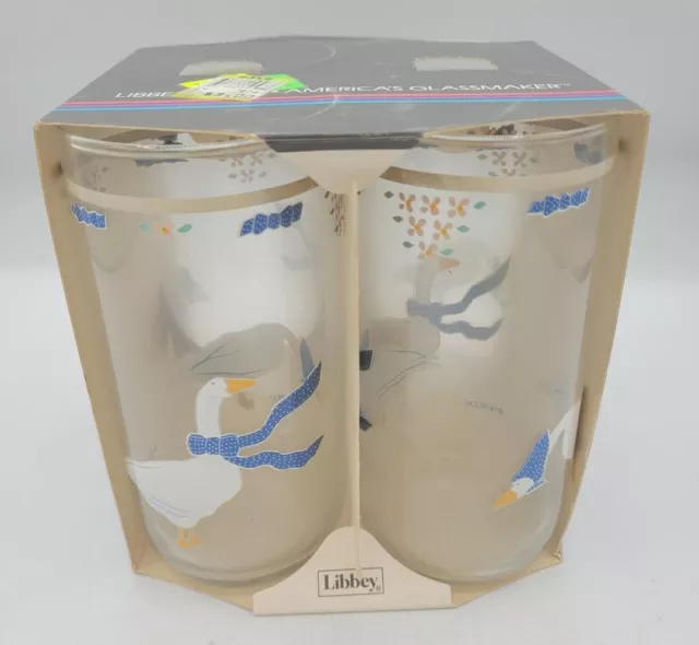 4~Libby 13oz  Vintage Drinking Glasses Country White Goose Blue Ribbon Bow NIB