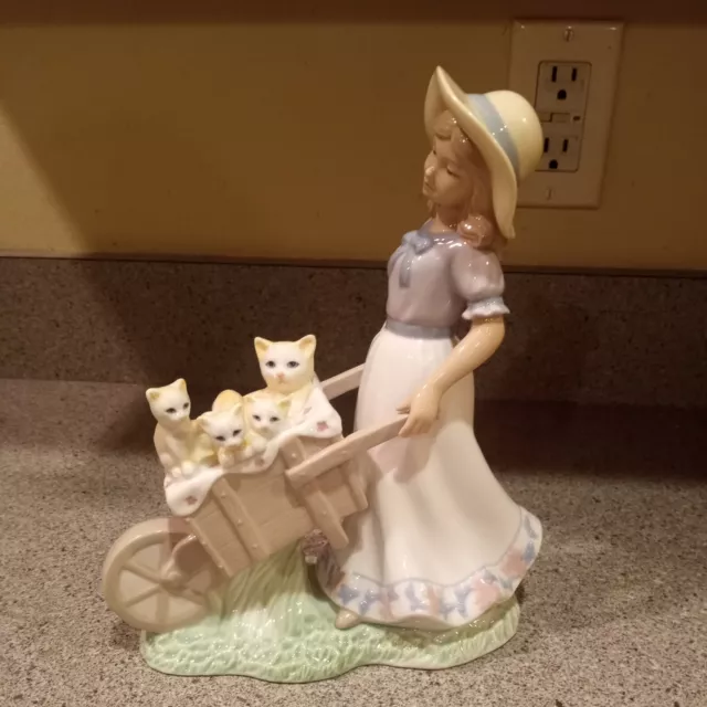 Vintage Glazed Pocelain Girl With Wheelbarrow Cart Full Of Kittens Figurine