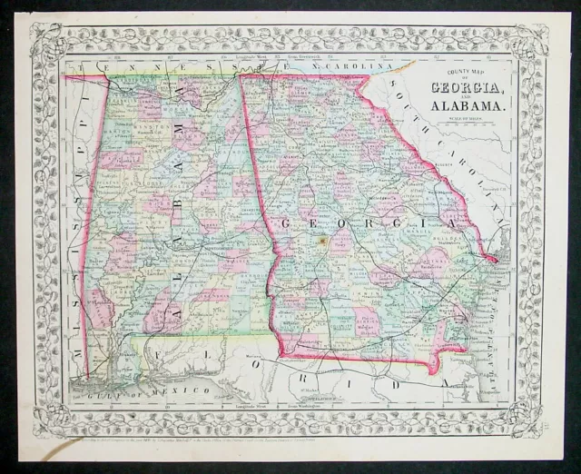 1870 Samuel Augustus Mitchell Antique State Map of Georgia and Alabama