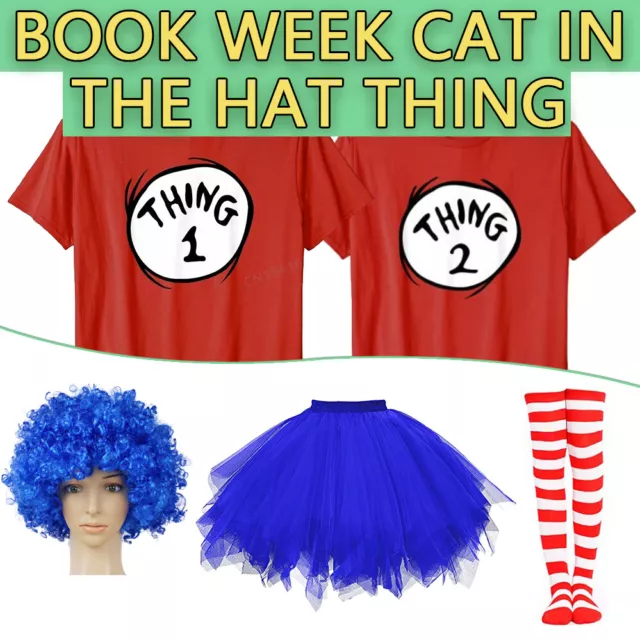 Dr Seuss Thing 1/ 2 T-Shirt Cat in the Hat Fancy Dress Costume Halloween Cosplay