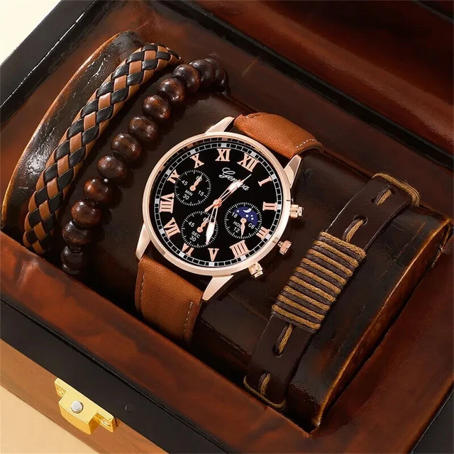 Orologio In Pelle Nera Con Datario A Tre Lancette E Bracciale In Acciaio Inossidabile Nero Cod Ax7147set Nlp Nlc