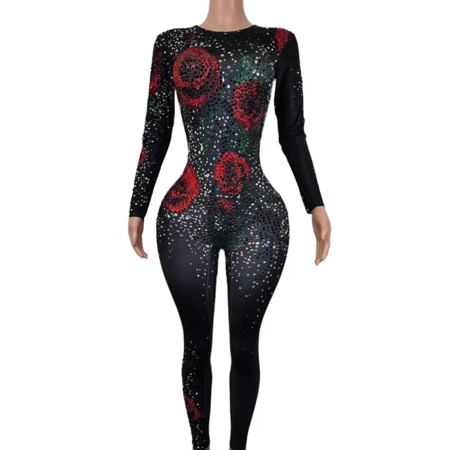 Fashion Women Rose Pattern Rhinestone Skinny Jumpsuit Costume Singer Stage Wear