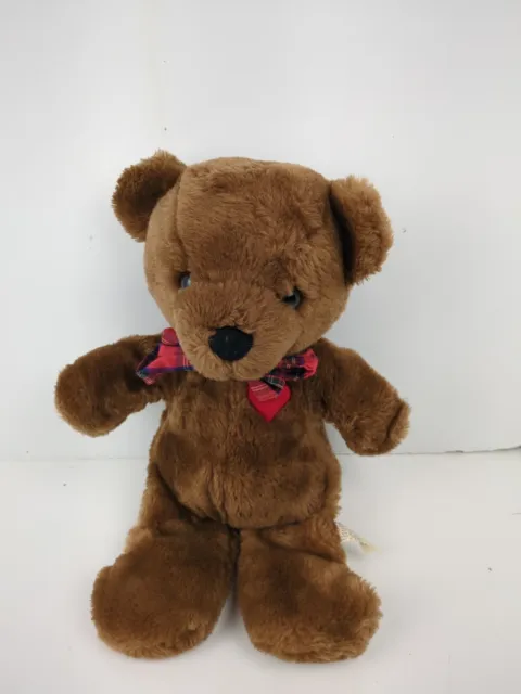 1982 Dakin Plush Bear Baby Things Brown Teddy Plaid Ribbon Red Heart Stuffed 14"