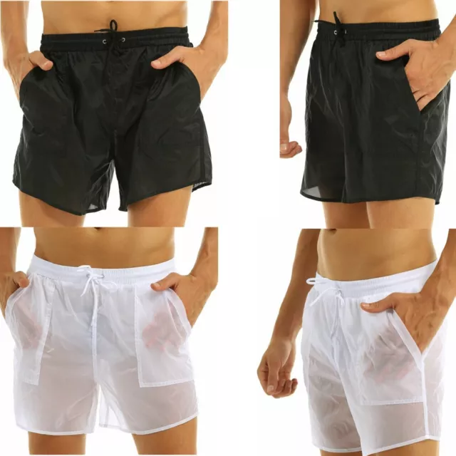 Herren Transparent Badeshorts Hose Mesh Boxer Shorts Lange Unterhose Beachshorts