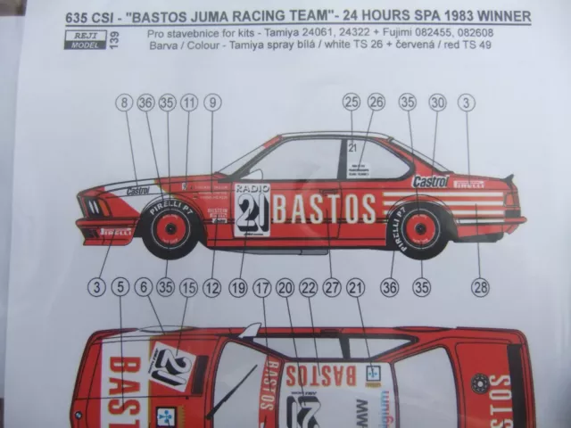 1/24 Aufkleber BMW 635 CSI JUMA BASTOS 24H SPA 1983