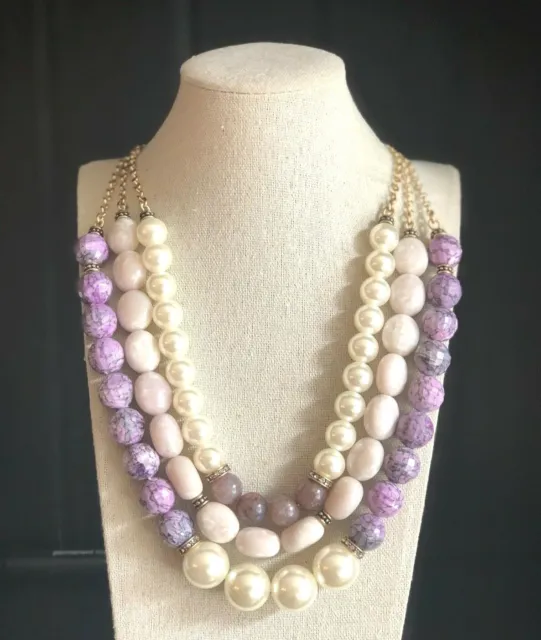 NWT TALBOTS Purple Bead Faux Pearl Multi Strand Gold Chunky STATEMENT NECKLACE
