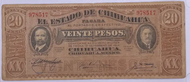 1914 Mexico El Estado De Chihuahua 20 Pesos Banknote