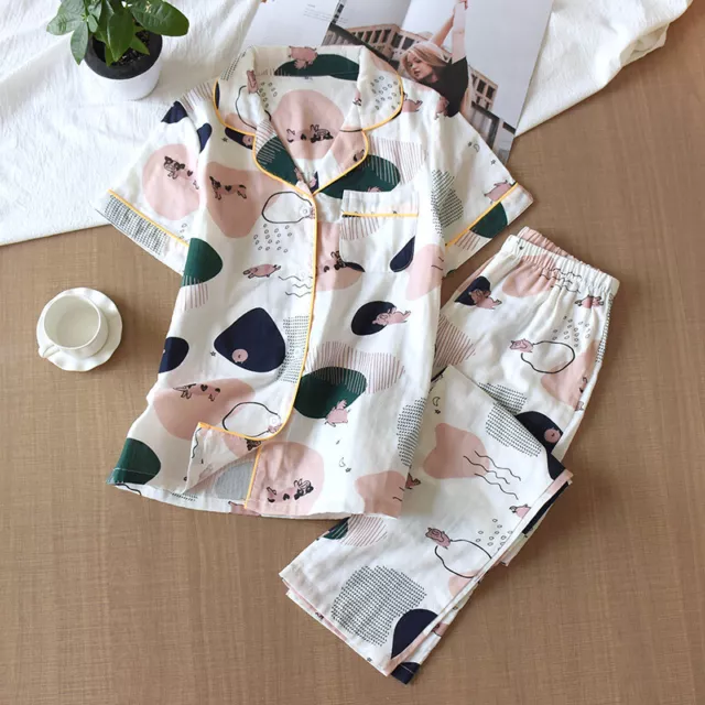 100% Gauze Cotton Women Pajamas Set Cute Printed Turn-Down Collar Sleepwear Pjs