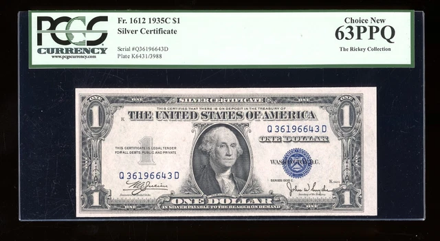 DBR 1935-C $1 Silver Fr. 1612 QD Block PCGS 63 PPQ Serial Q36196643D