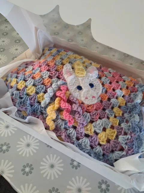 Handmade Crochet  baby blanket - Unicorn Applique -  30" Square  Multi-Coloured