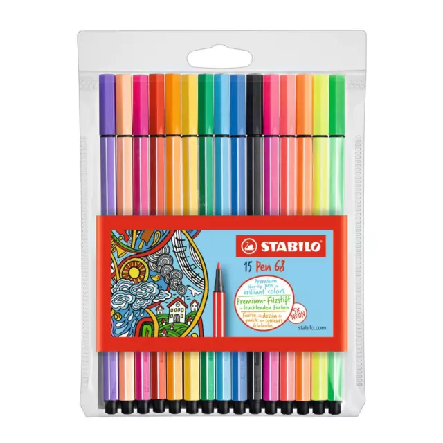 Premium Fibre-Tip Pen - STABILO Pen 68 - Pack of 15 - Assorted Colours including 2