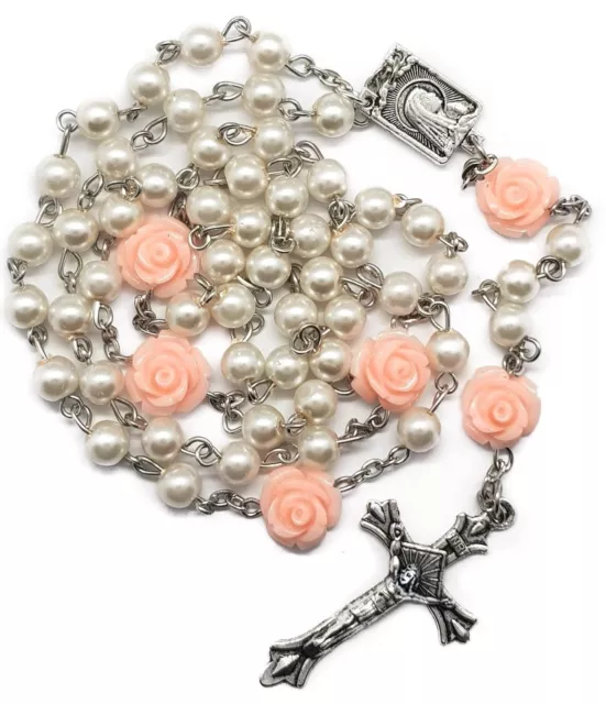 White Pearl Beads Rosary Necklace Pink Rose Lourdes Medal & Cross Crucifix