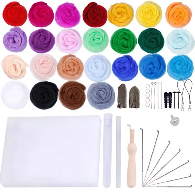 25 Colors Felt Yarn Roving Set Needle Felting Starter Kit Foam Mat Arts Crafts