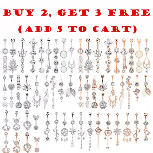 14G Dangle Belly Button Ring Surgical Steel CZ Navel Barbell Piercing Jewelry