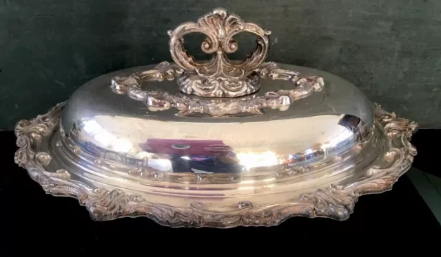 Antique Silver On Copper Ornate Silverplate Repousse Lidded Oval Serving Dish
