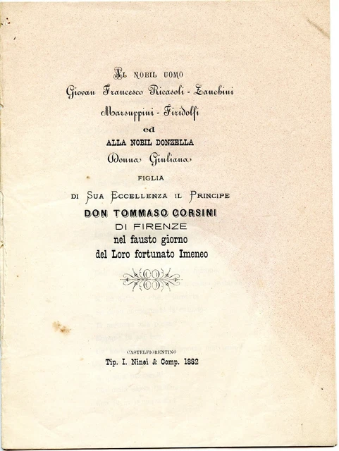 1882 - FIRENZE - Nozze Ricasoli Lanchini Marsuppini Firidolfi - Corsini