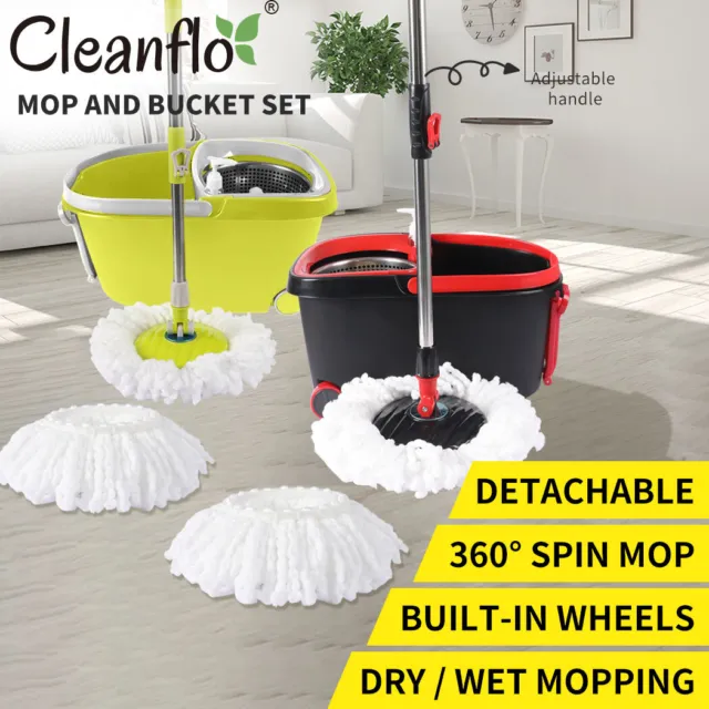 Cleanflo Spin Mop Bucket Set 360° Stainless Steel Rotating Wet Dry  Microfiber