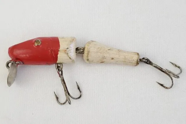 Vintage Fishing Lure Red White Creek Chub Pikie 2-Treble 4” Jointed Wooden 1920s