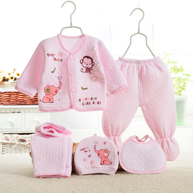 Boys Girls Cartoon Outfit Newborn Baby Long Sleeve Tops+Hat+Pants+Bibs Sets 5PCs