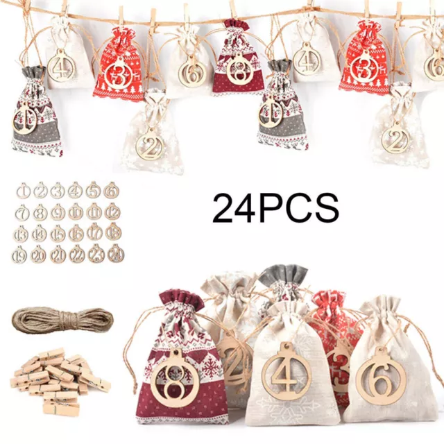 24pcs/set Christmas Advent Calendar Bags XMAS for Filling Christmas Bag Decor