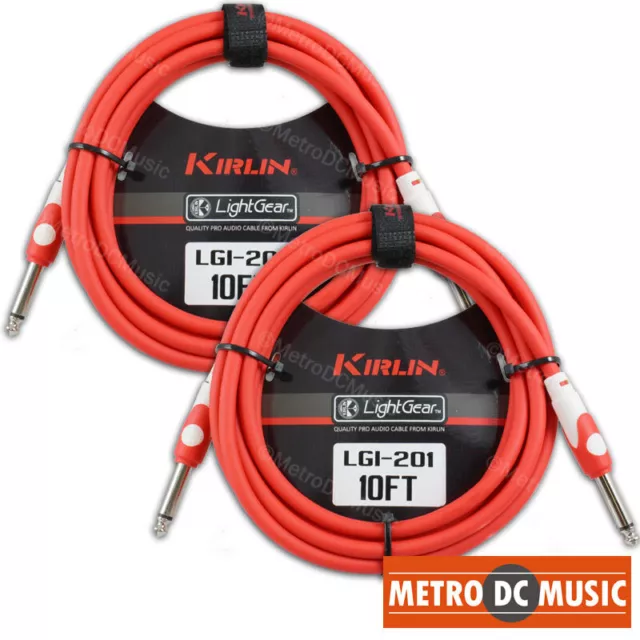 2-Pack Kirlin 10 ft LightGear RED Guitar Instrument Patch Cable Cord 1/4 20AWG