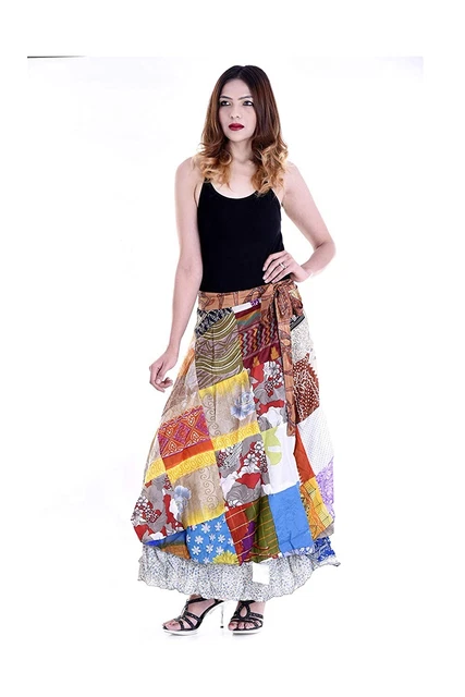 Vintage Seta Sari Magia Avvolgente Fronzoli Gonne Abito Indiano Patchwork Gonna