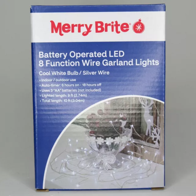 LED Wire Garland Lights 8 Function Battery Operated Cool White Silver Wire 10ft