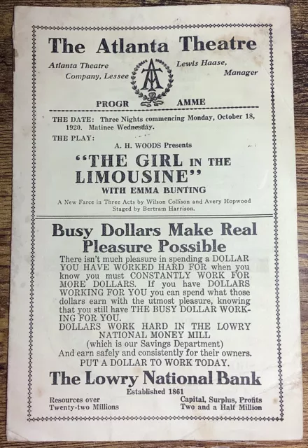 The Atlanta Theatre Play Program~October 18th 1920~Playbill