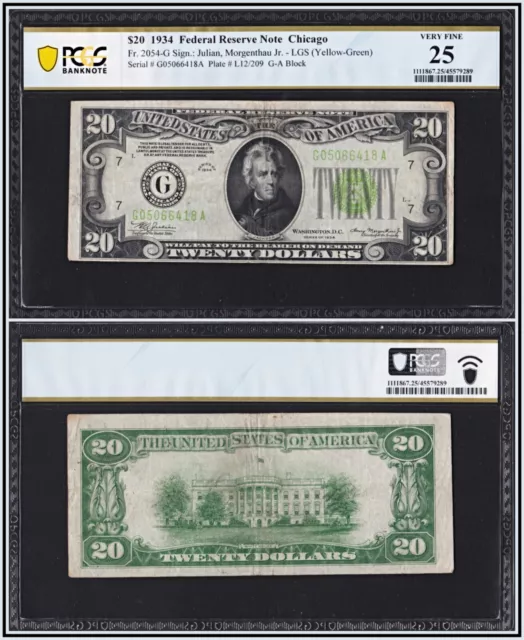 1934 Light Green Seal $20 Federal Reserve Note PCGS Banknote 25 Very Fine LGS
