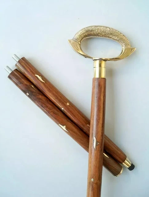 Canne De Marche Ancienne En Bois Avec Pommeau Tête De Loup En Aluminium - Réglable, Pliable, Charge 220 Lbs - Idée Cadeau