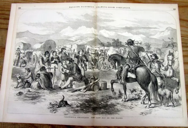 <1856 newspaper large CENTERFOLD ENGRAVING Emigrants goTO CALIFORNIA GOLD RUSH