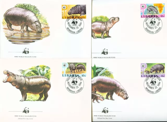 LIBERIA, WWF Flusspferd 1315-18 **, FDC, Maximumkarten, (8541)+ 2