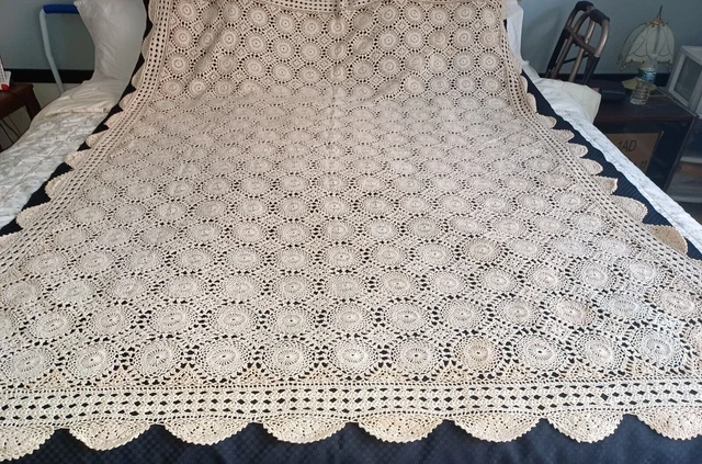 Ecru  beige TABLECLOTH Table Topper HAND CROCHET LACE 60x80” Beautiful Detail