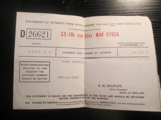Vintage £3.10s Per Cent War Stock Bond 1942 Certificate D26621 Vintage £3.10s Per Cent War Stock Bond 1942 Certificate D26621