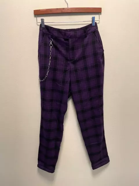Hot Topic Womens Pants Medium Purple Black Plaid Chain Accent Elastic Waist Goth
