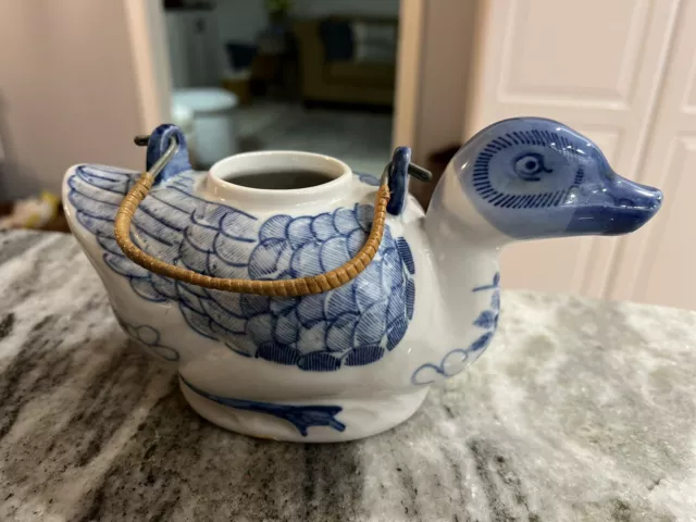 VINTAGE, Duck, Teapot, Blue + White, Hand Painted, W/Handle, Cottagecore Ceramic