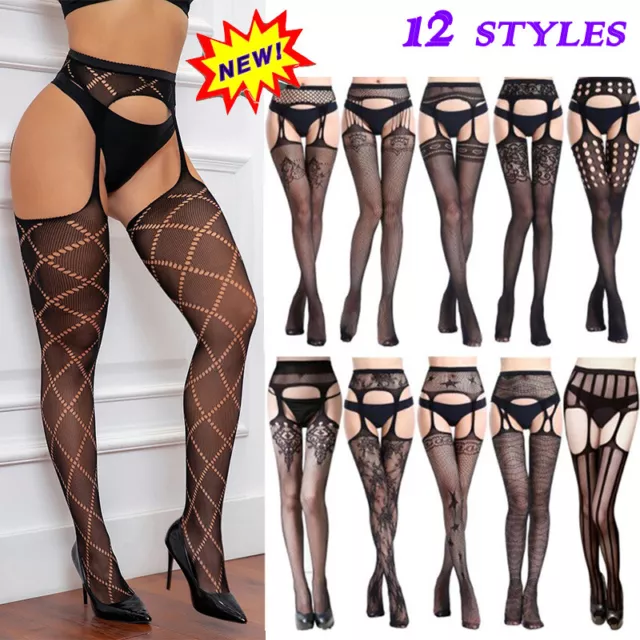 Womens Sexy Crotchless Suspender Tights Sheer Fishnet Open Crotch stockings Belt